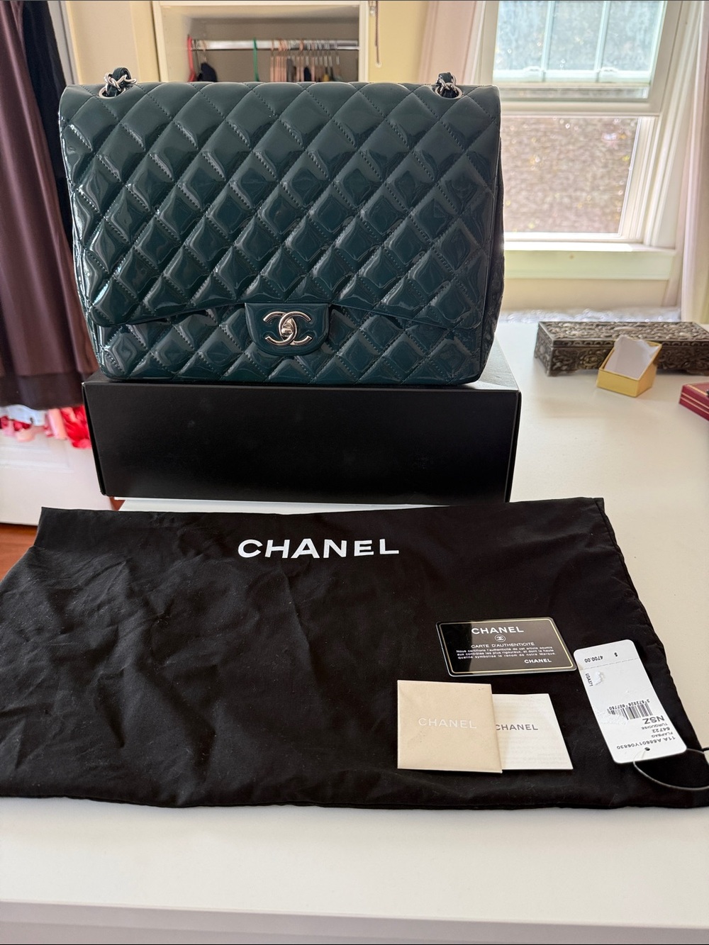 CHANEL Maxi  Patent Leather Flap Bag with Silver Hardware